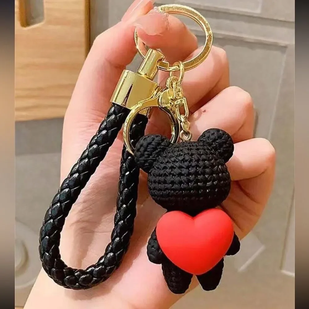 Black Bear Keychain with Red Heart Charm - Picture 1 of 5